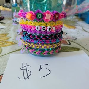 Bracelets, charms, key chains, and bookmarks.